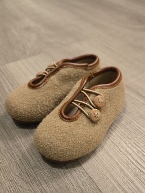 TC Kids Wool-Style Button Slippers in Tan